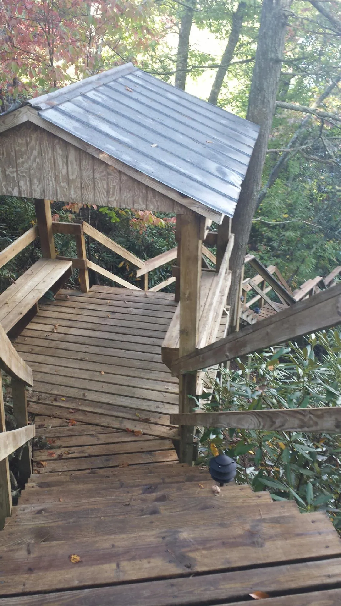 Metal roofed shelter over wooden steps on a wooded walkway — Skylight Repair & Installation work by our crew in Byars